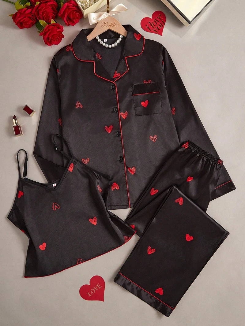 

Casual Heart Print 3Pcs Pajama Set Long Sleeve Lapel Top Tank Top And Soft Elastic Shorts For Women Summer Loungewear Sleepwear
