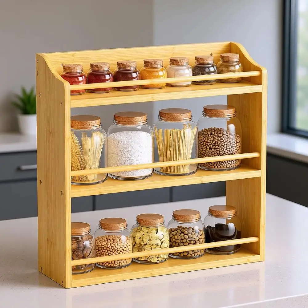 

Natural Bamboo Wall-Mounted Spice Rack Organizer for Kitchen Pantry (Spice Jars Not Included)