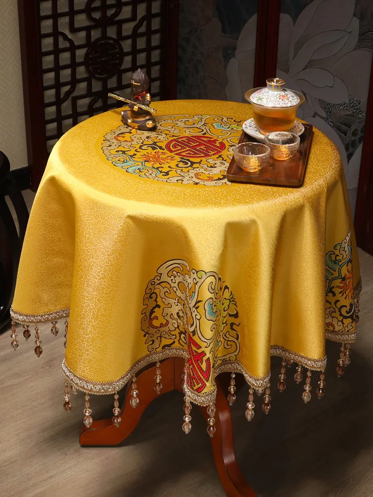 Neo-Chinese Style Satin Embroidery Round Tablecloth, Luxury Chinese Aesthetic Table Cover for Dining & Coffee Table Home Decor
