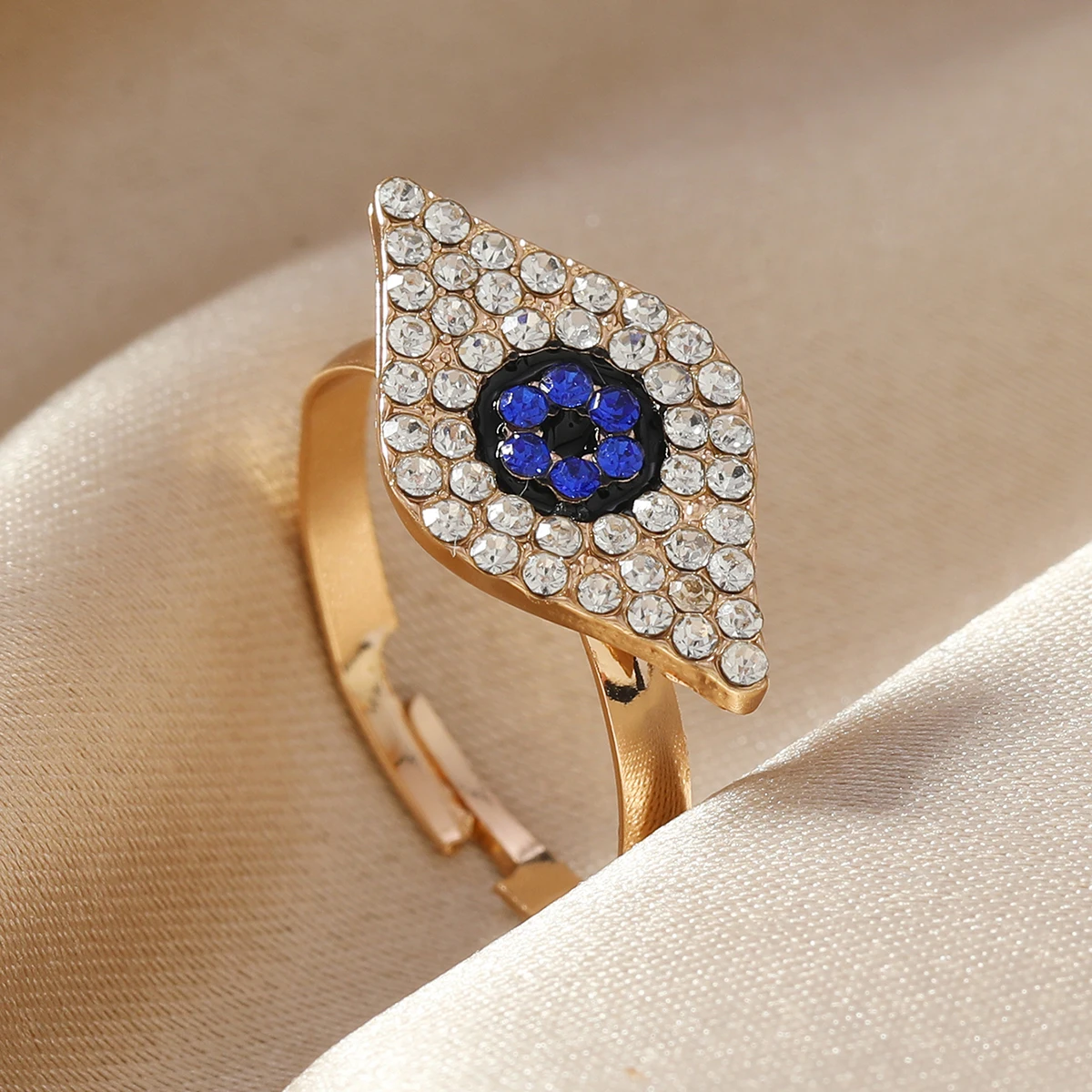 Gold Plated Evil Eye Ring Women Sparkling Rhinestone Blue Crystal Open Adjustable Ring Turkish Nazar Amulet Statement Jewelry
