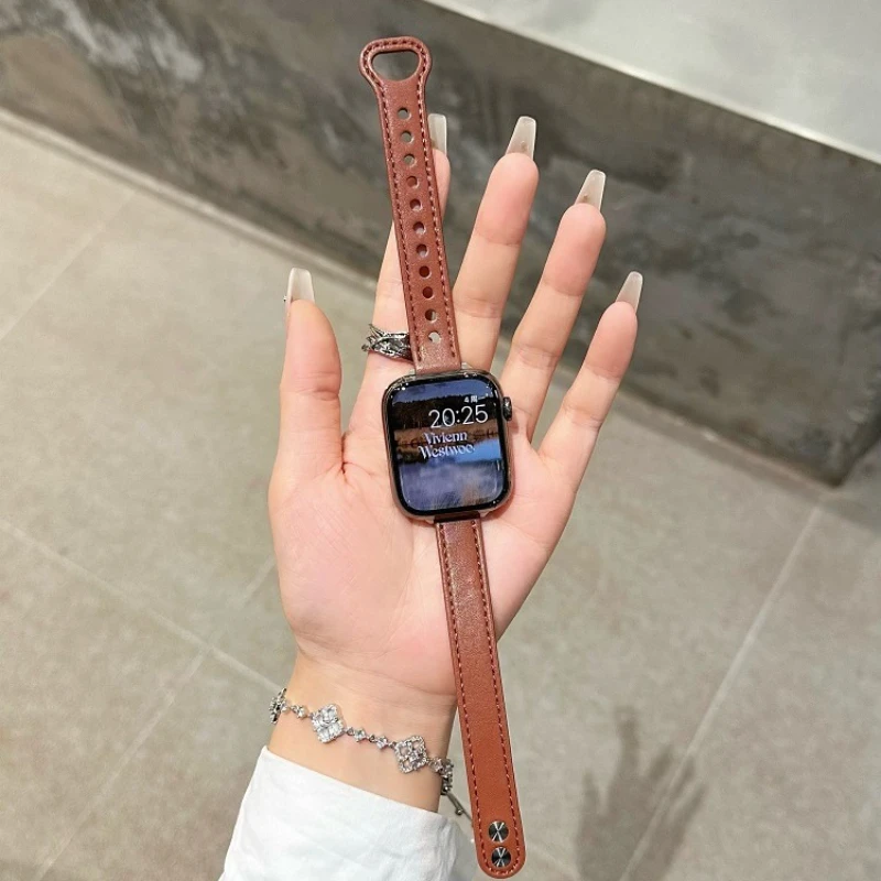 Тонкий кожаный ремешок для Apple Watch Band 44 мм 45 46 38 40 41 42 49 мм Женский браслет correa iWatch Series 10 9 8 7 se 6 5 4 Ultra2