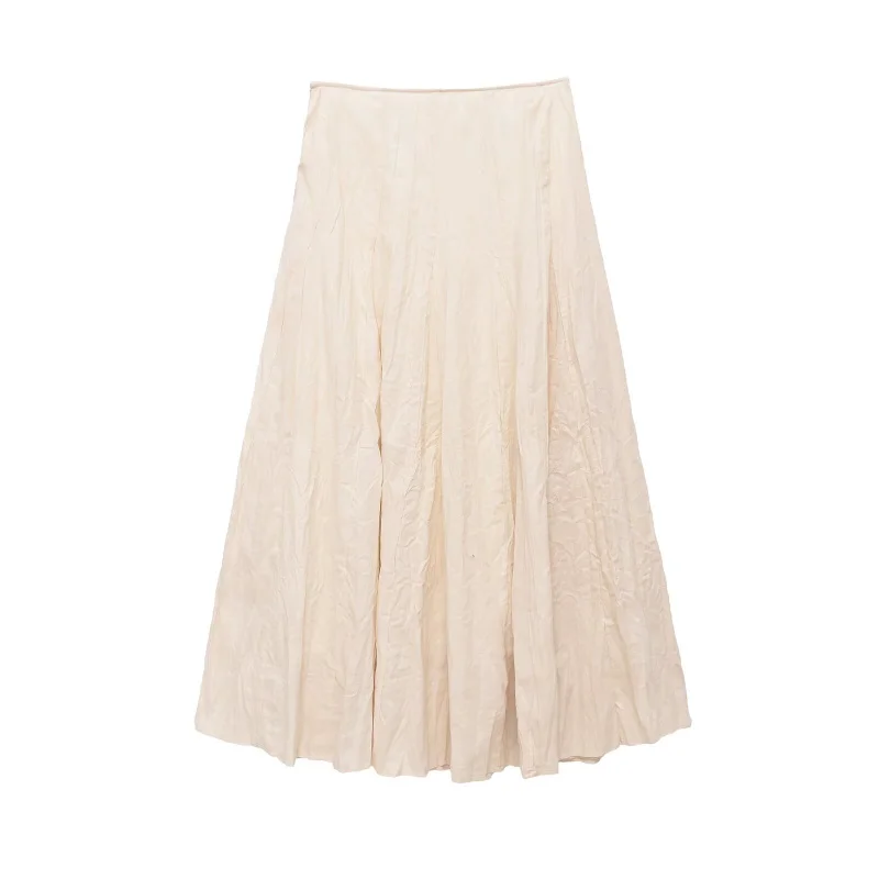 ETJ Women's 2026 Spring Crinkle Pleated Midi Skirt High Waist Flowy Long Skirt Minimalist Japanese Style Elegant Office Wear