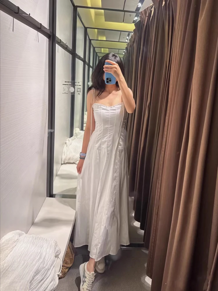 Vestido Midi F E de Verão, Nova Coleção, com Camadas Decorativas de Seda e Cetim, sem Alças, Cintura Alta, Teci...