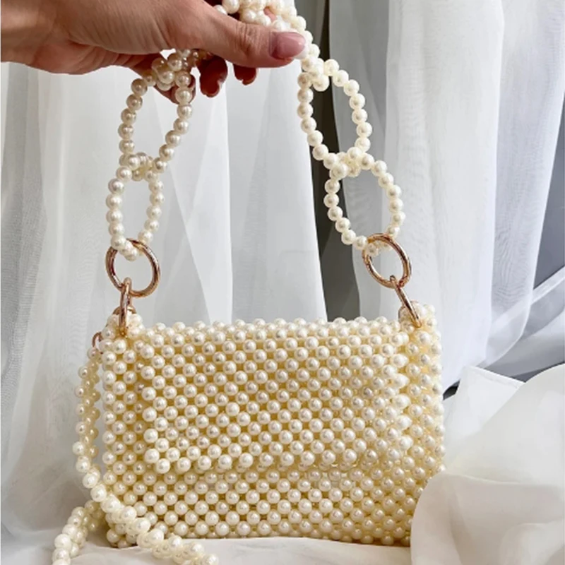 Retro Elegant Pearl White Double Chain Crossbody Bags Fashionable Ins Bead Design Production Square Bag Customizable Handbag