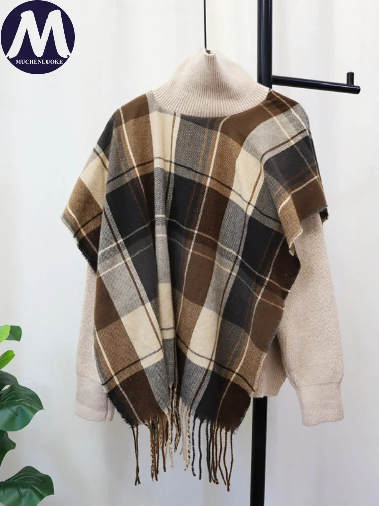 Cardigan for Women Autumn Winter New Korean Fashion Plaid Shawl Fake Two-piece Knitted Cardigan Casual Loose Street Trendy Coats
