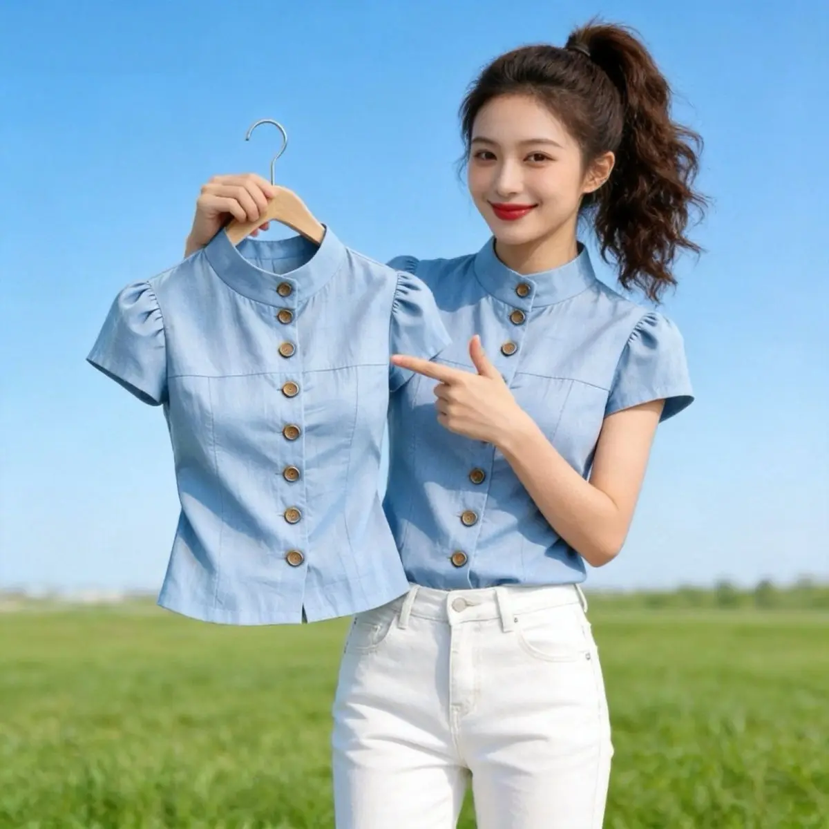 

Slimming Vintage Style Stand Collar Short Sleeve Single Button Women's Shirt Waist Cinching Summer New Bubble Sleeve Top