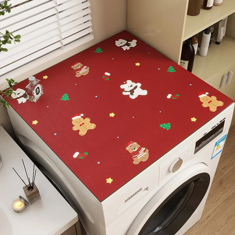 VIKAMA Christmas Bear Washing Machine Top Cover Mat Red Base Snowflake Print Waterproof Anti Dust Laundry Dryer Pad