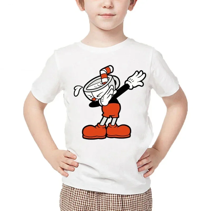 Kids Cartoon Cuphead Print T shirt Children Dabbing Cuphead Design Summer Tops Boys and Girls Casual White T-shirt