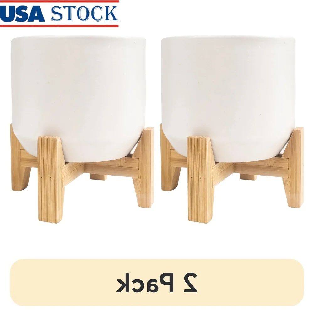 

2 Pack 4 Inch Ceramic Planter with Bamboo Stand Indoor Outdoor Use Durable Drainage Holes Natural Finish Home Decor