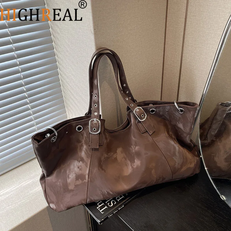 

Large Capacity Tote Bag for Women Vintage Bucket Brown Shoulder Handle Purse for Travel Shopping Bag