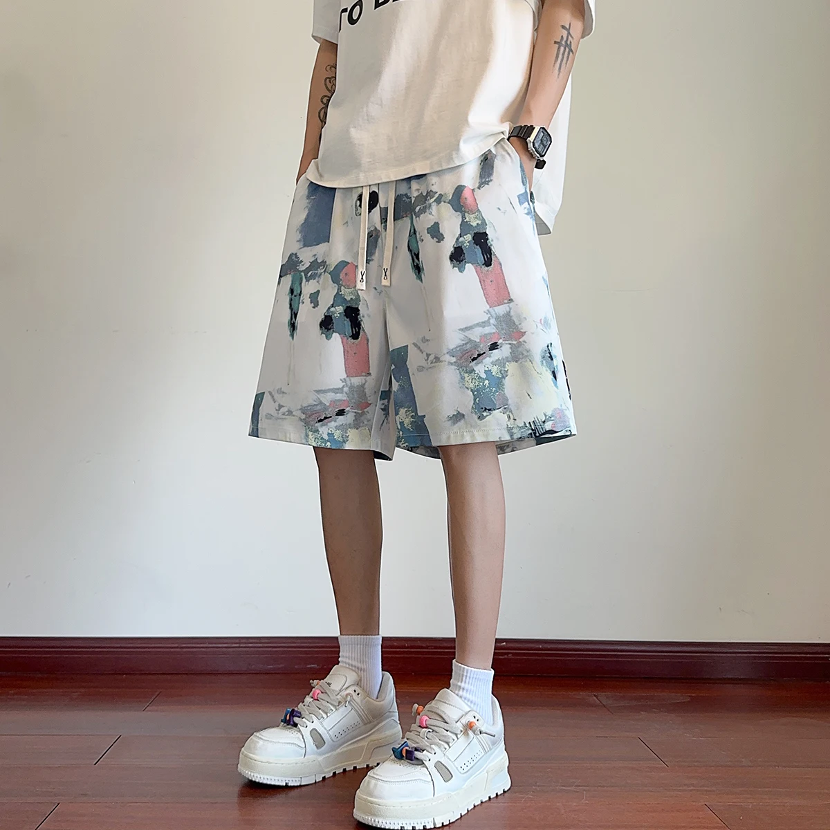 2026 Summer New Style Men's Fashion Casual Ink Wash Cool Feeling Short Sleeve Five-Piece Pants Lightweight Shorts