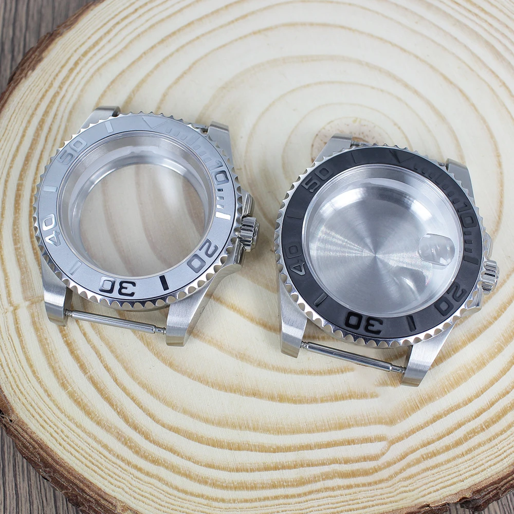 

40MM Silver Steel Yacht Watch Case With Ceramic Bezel Sapphire Crystal Glass Parts For NH35 NH36/34 2824 8215 Automatic Movement