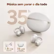 Imagem do fone QCY Crossky C50 com estojo de carregamento indicando 35 horas de autonomia total