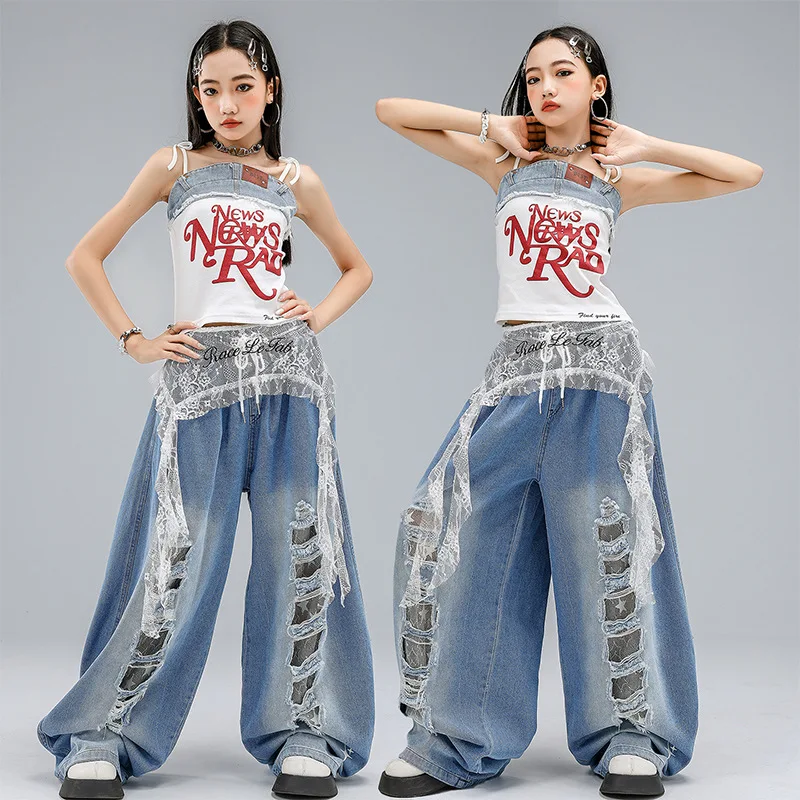 

Kid Kpop Hip Hop Clothing White Lace up Crop Tank Top Denim Blue Casual Ripped Baggy Jeans Pants for Girl Dance Costumes Clothes