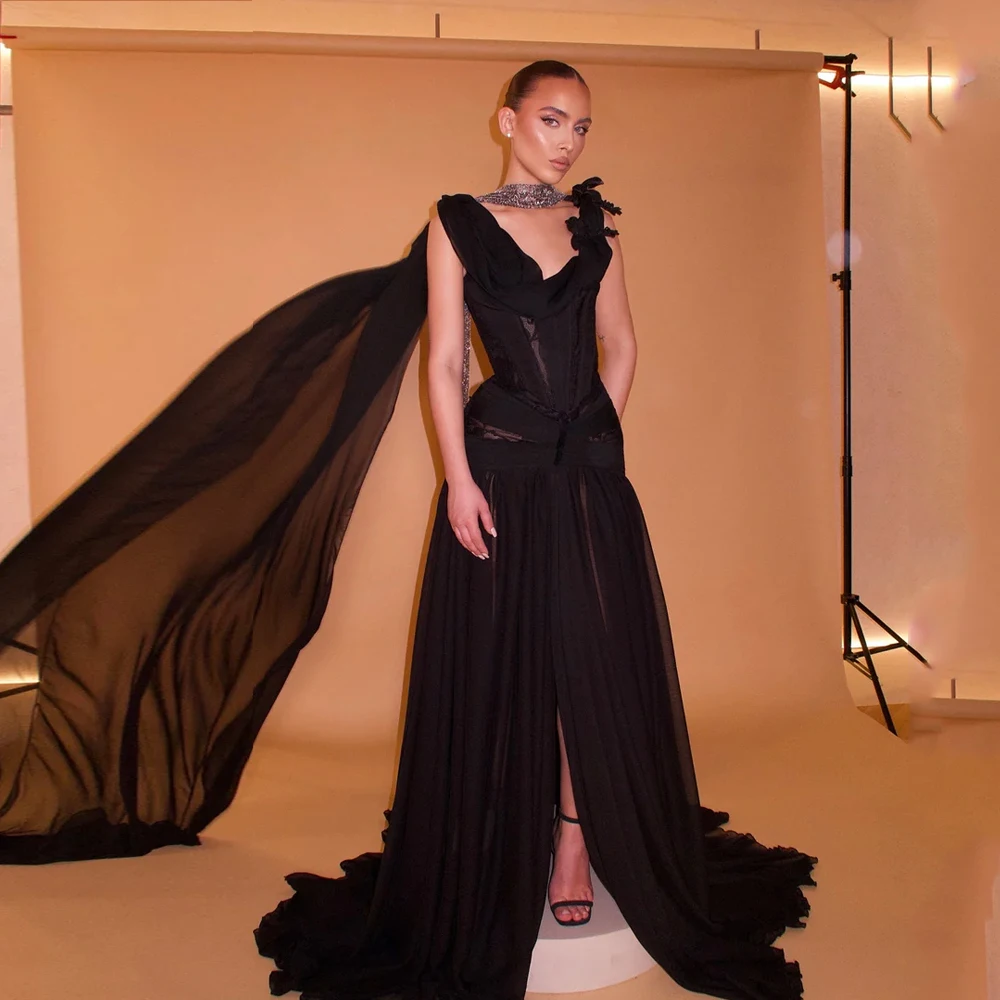

Chiffon Sleeveless Prom Dresses Lace A-Line Side Split Black Birthday Party Dress Sweep Train Formal Occasion Dress Customized