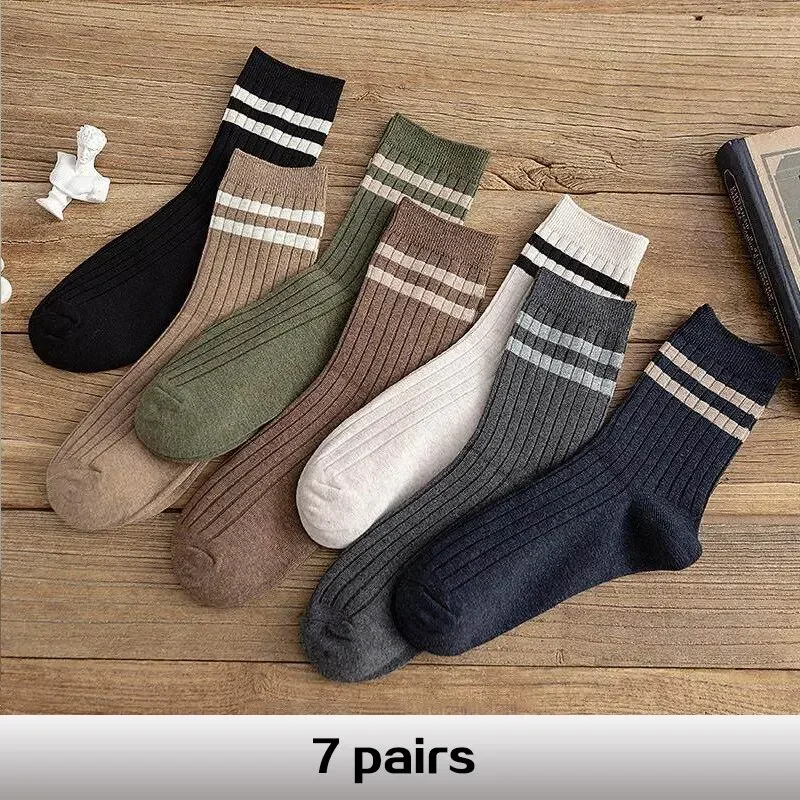 7 Pair Men\'s New Striped Casual Breathable Socks High Quality Harajuku Retro Socks Men\'s Cotton Socks