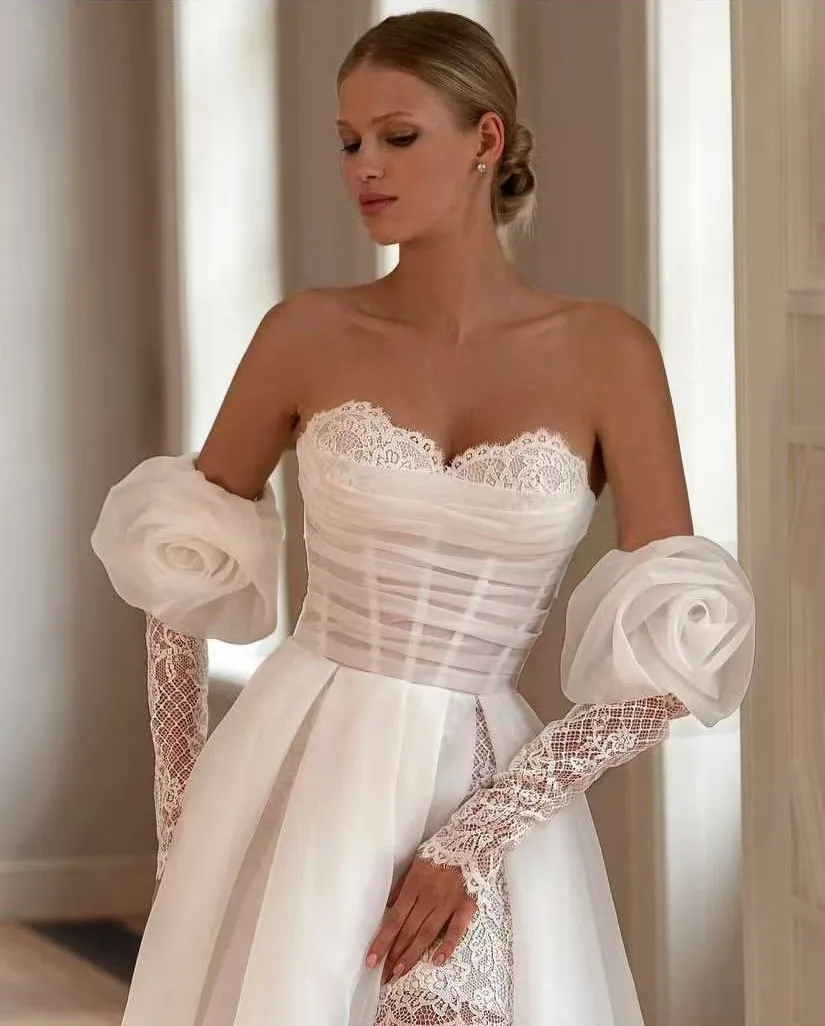 Pure Blossom Floral Women Dresses To Party 3D Flower Lace Sleeve Bridal Dress StraplessSwetheart Prom Formal Dress Overskirt