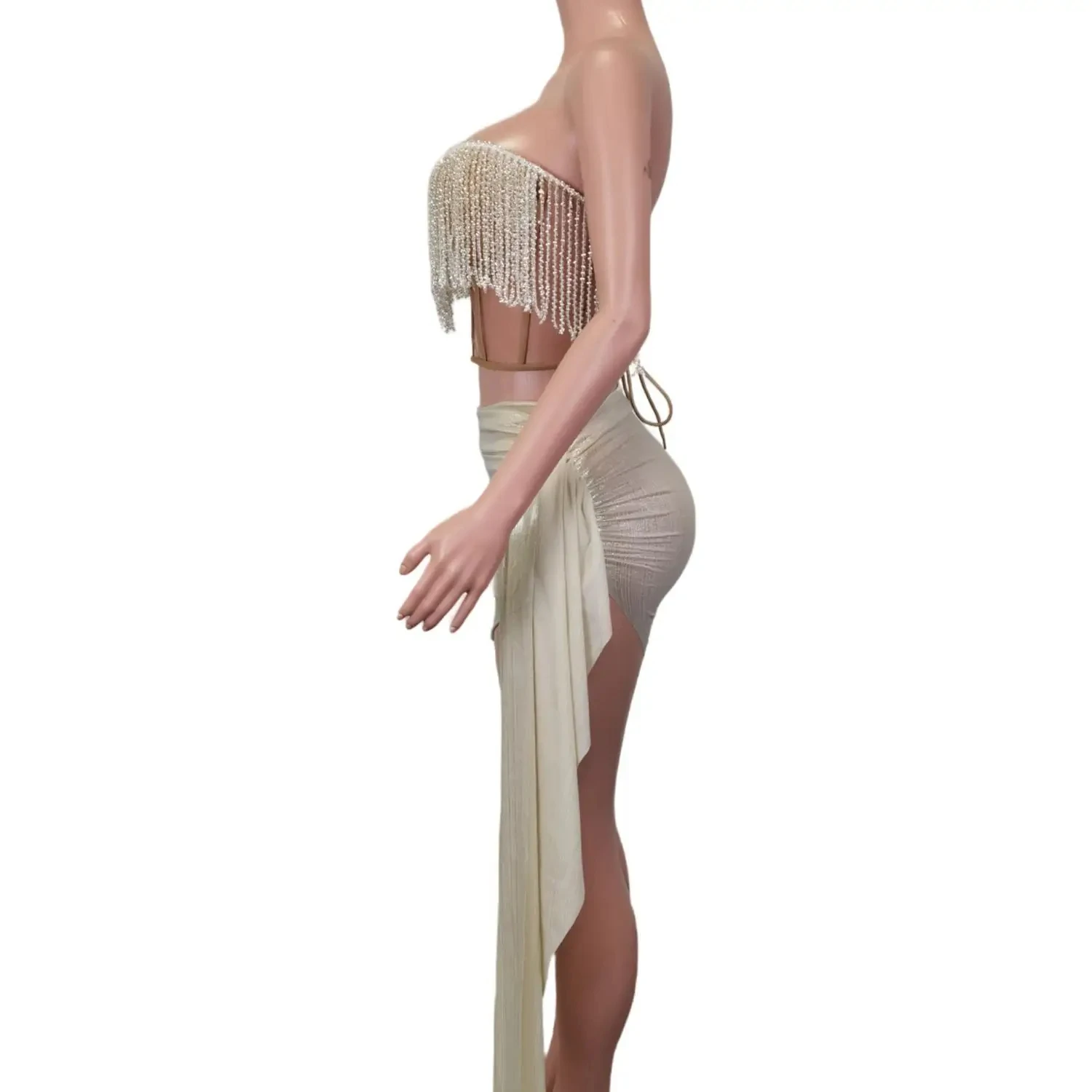 Sexy Strapless Tassels Tops High Slit Skirt Two-Pieces Set Nightclub Fashion Singer Stage Wear Celebrate Birthday Party Dresses