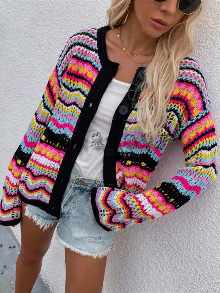 

New Autumn Casual Cardigans Ladies Striped Sweaters Women's Loose Rainbow Color Matching Cardigan W/ Button Fashion Sweater