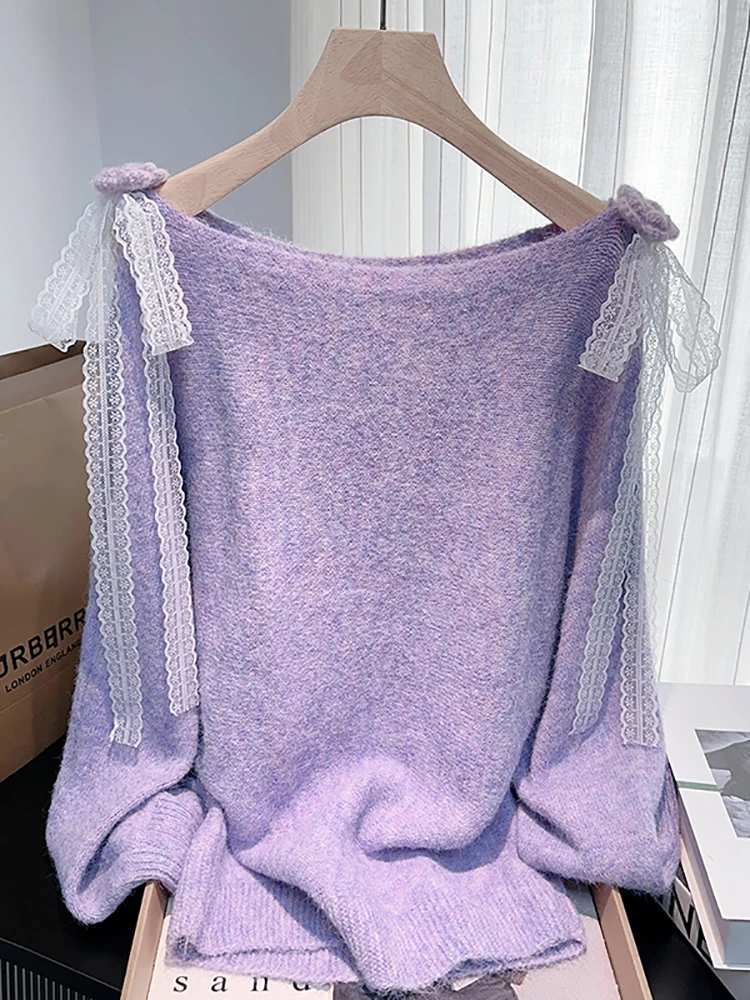 

Нежно-фиолетовая трикотажная кофта с рукавами «летучая мышь» для женщин, осенне-зимняя, свободного кроя, с открытыми плечами, для ношения под одеждой, в корейском стиле, теплая, термо.