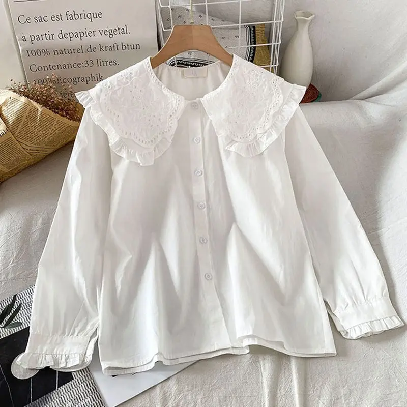 Korean Style Trendy Sweet Lace Tops Patchwork Ruffled Doll Collar Button Up Shirt Women Long Sleeve New In Fairy Women Blouses