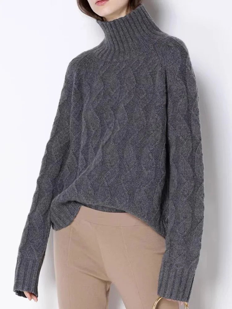 Suéter feminino de caxemira macia com gola tartaruga, outono inverno, grosso, preguiçoso, solto, tricô, fundo curto, estilo para uso confortável