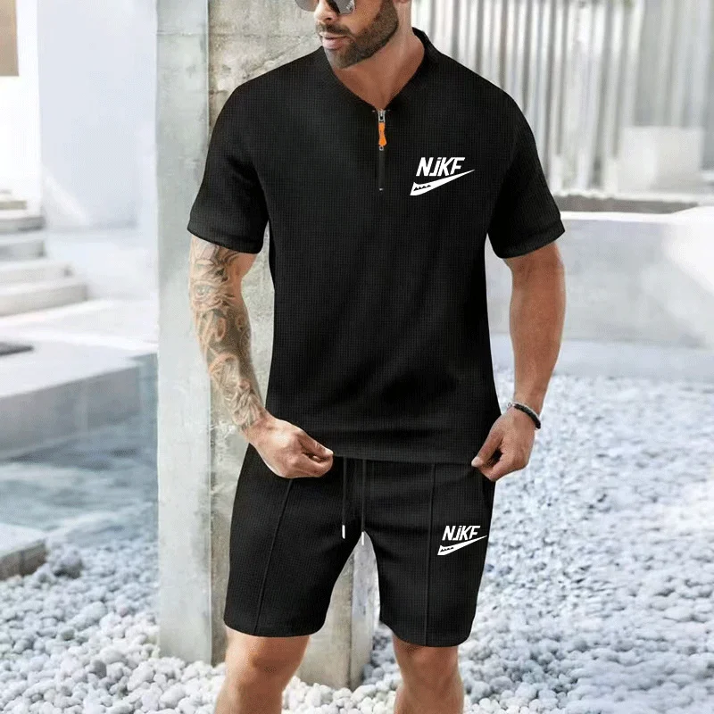 

2026 Men new summer Waffle solid color lapel short-sleeve suit shorts two sets European size casual and fashionable men clothing