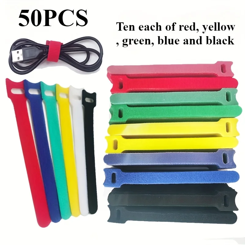 50PCS 6 Inch Anti-Slip Nylon Plant Ties With Hook And Loop Fastener, Reusable Cable Organizer Straps, 10Pcs Each Red Yellow Gree