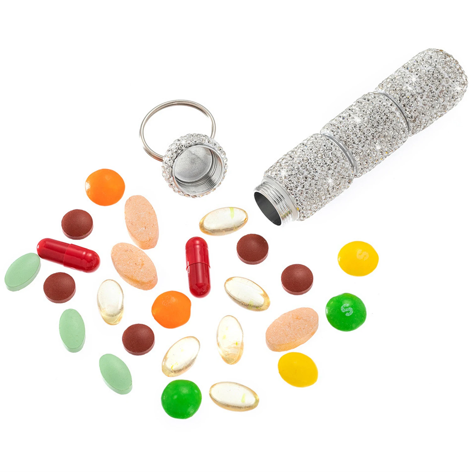 Bling Pill Case Portable Travel Pill Container ins Rhinestone Waterproof Small Pill Holder with Keychain Cute Pill Storage Box