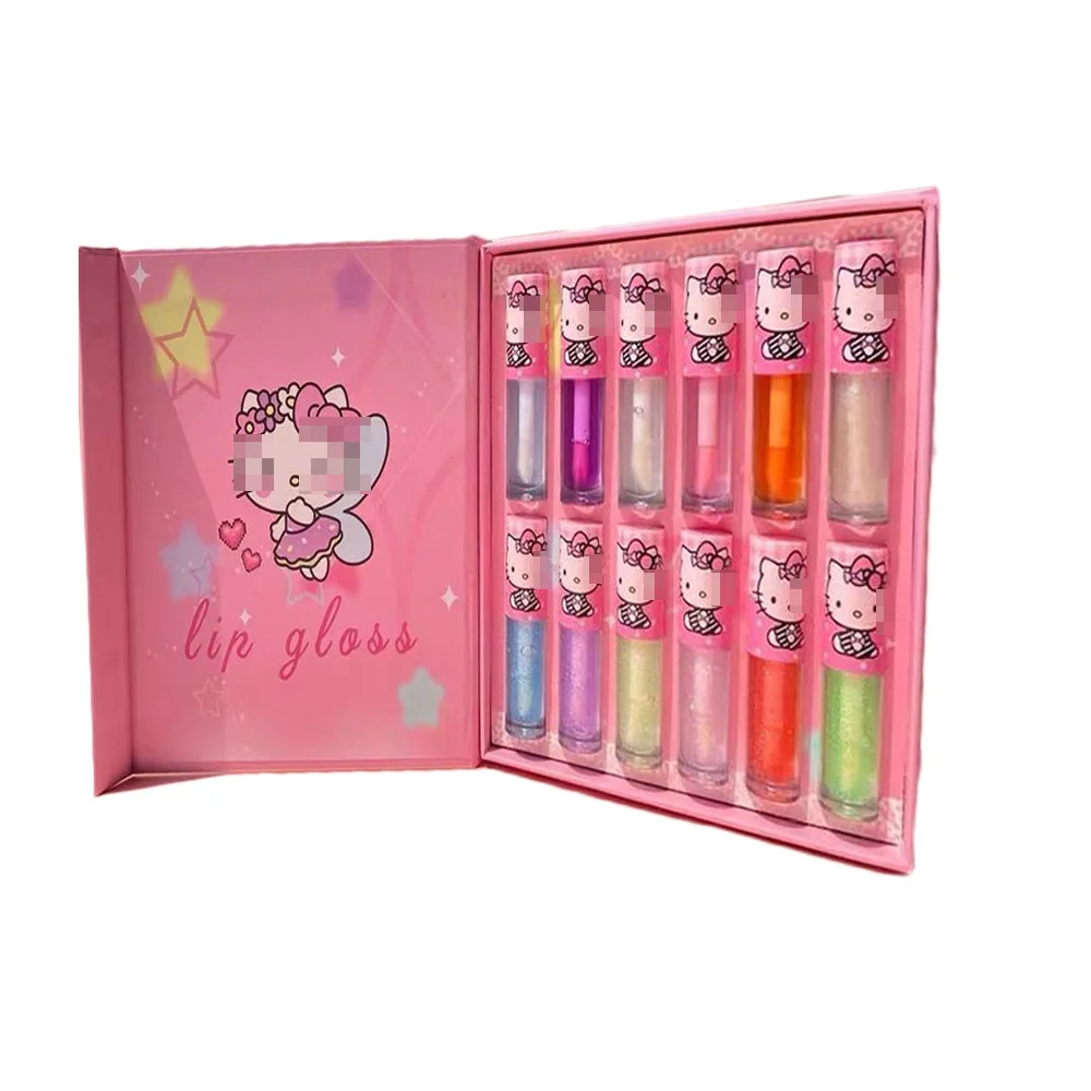 12Pcs Cartoon Cat Watery Shiny  Lip Gloss Set Lip Tint Moisturizing Liquid Lipstick Lips Makeup Party Favors Gifts