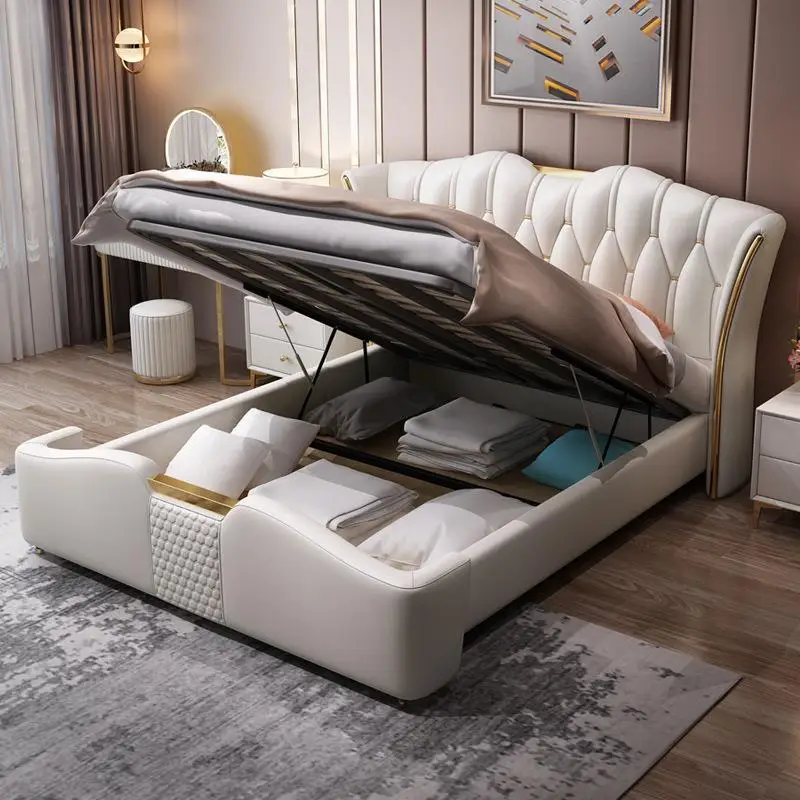 سرير جلدي فاخر خفيف غرفة نوم رئيسية مزدوجة 1.8 متر سرير كبير تخزين الشمال سرير الزفاف أثاث غرفة نوم #3