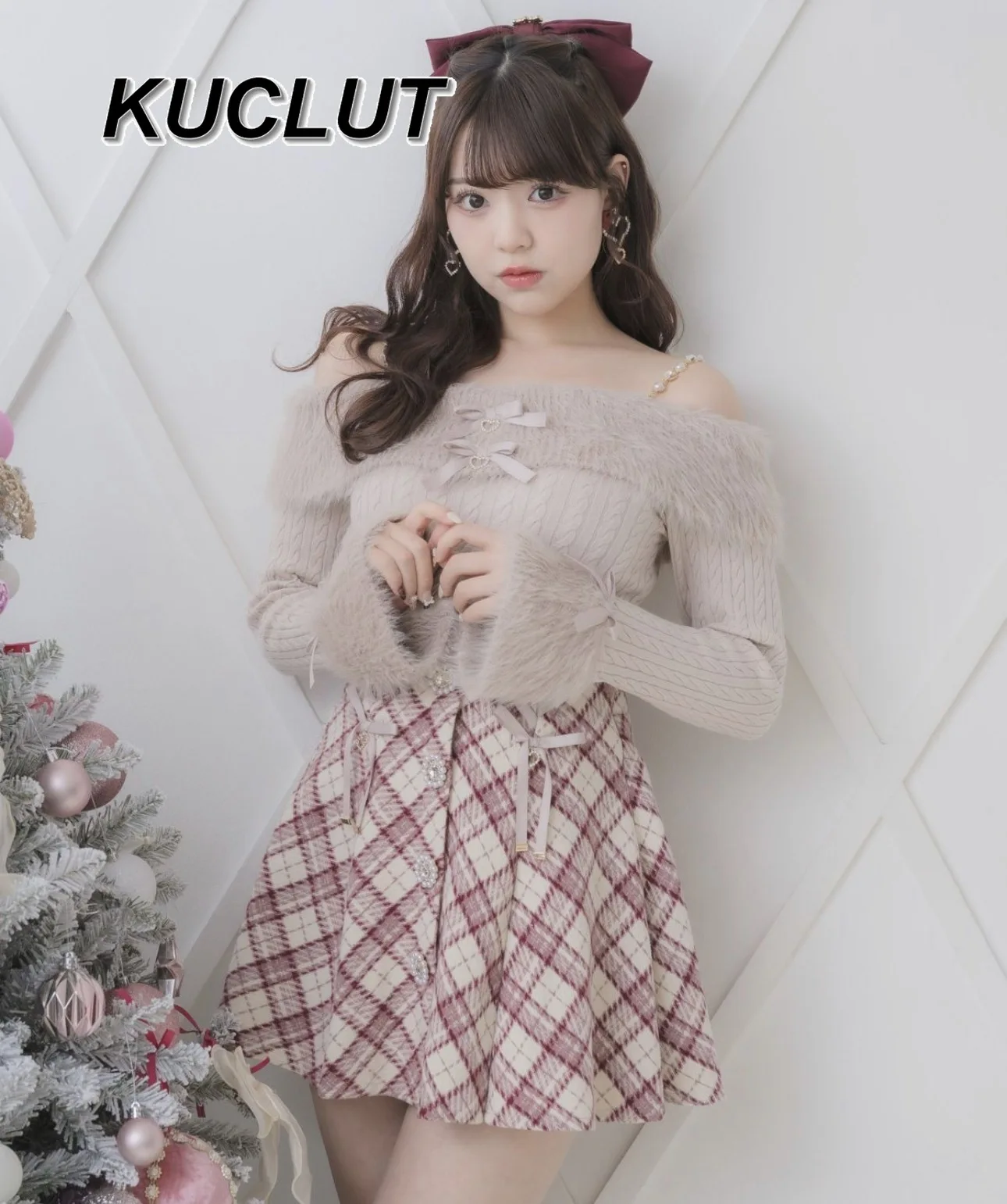 Rojita Style épaules dénudées cravate velours tricot pull haut avec nœud papillon coeur conception automne hiver pull pulls pour les femmes