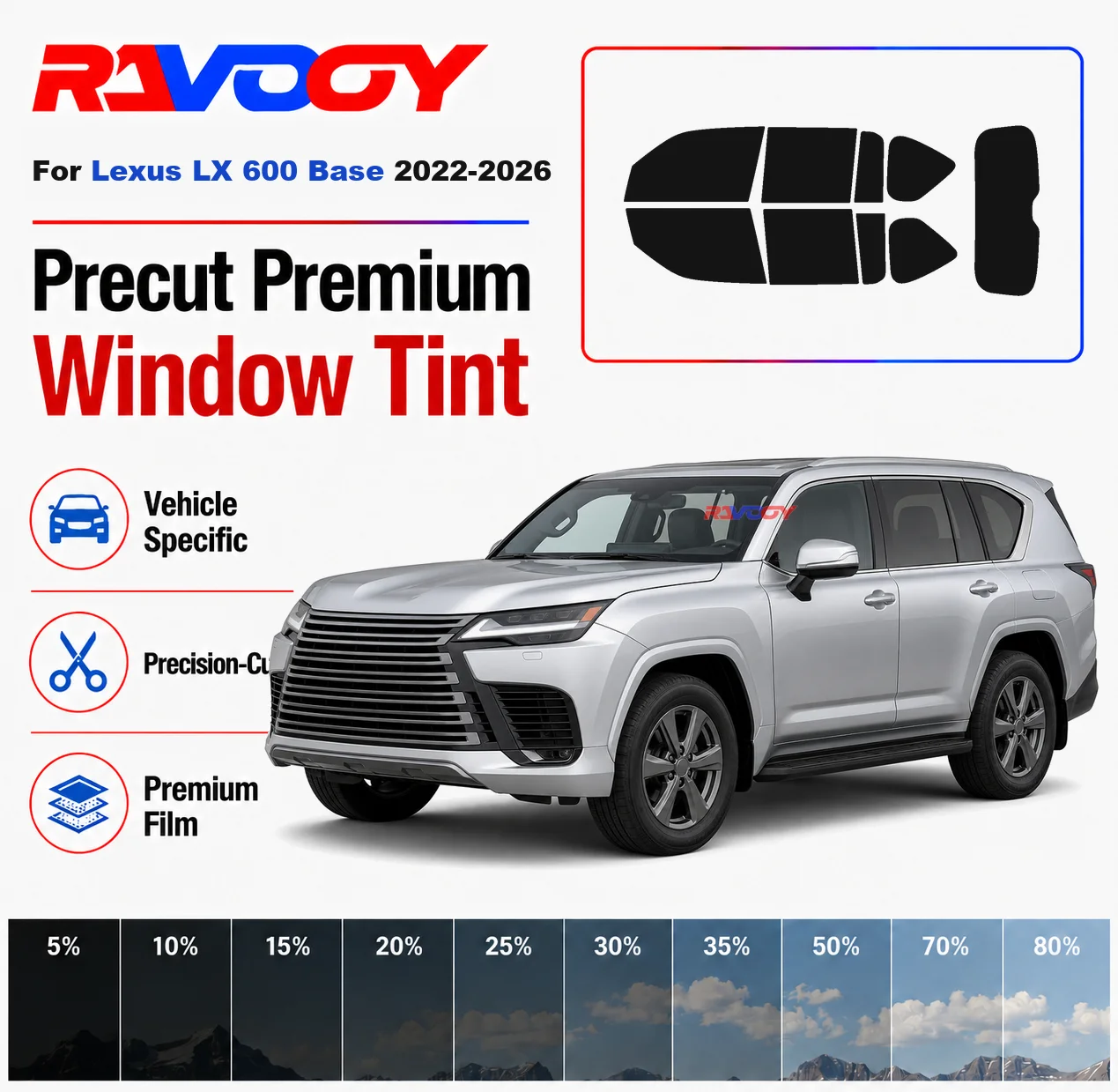 

Premium Precut Window Tint Kit Front Rear Windows Rear Windshield For Lexus LX 600 Base 2022-2026 Complete Set Nano Ceramic Film