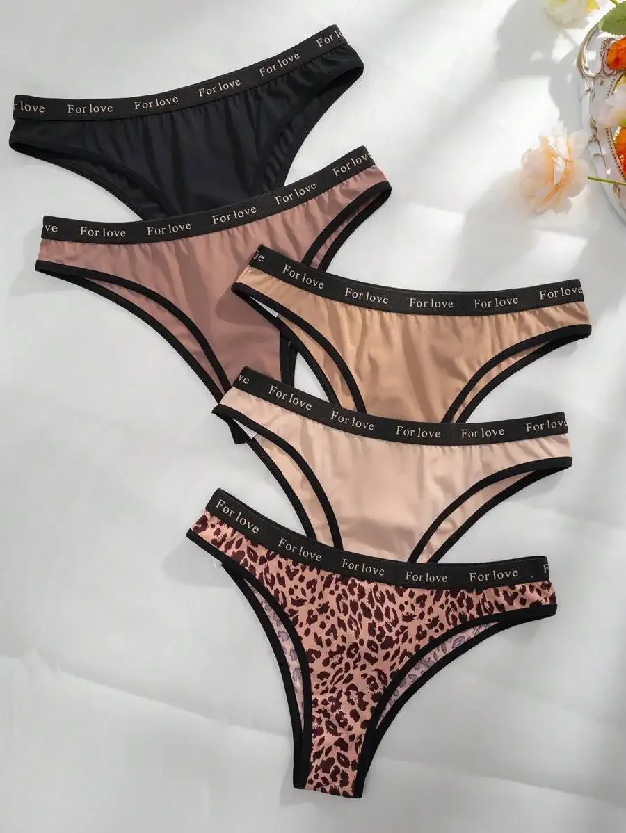 

5pcs Women Leopard Print Bikini Briefs With Contrast Trim