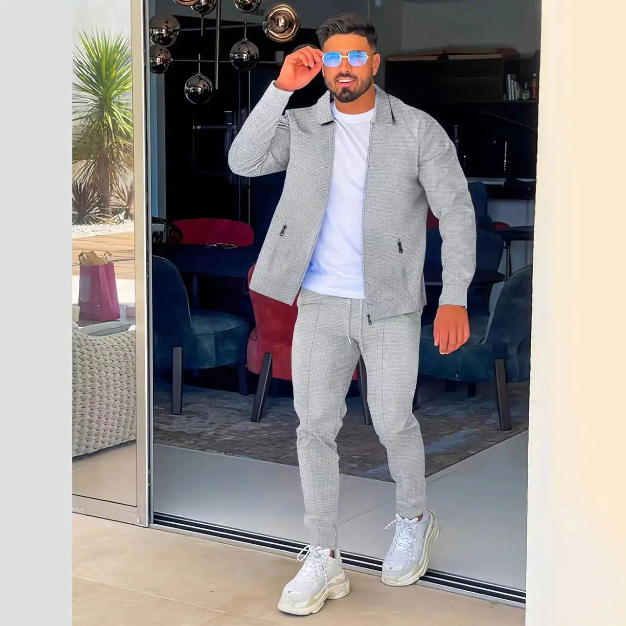 Afbeelding 5: Heren 2-delige wafelgebreide outfit, jack met ritssluiting en reverskraag en broek met trekkoord en rechte pijpen, casual co-ord set