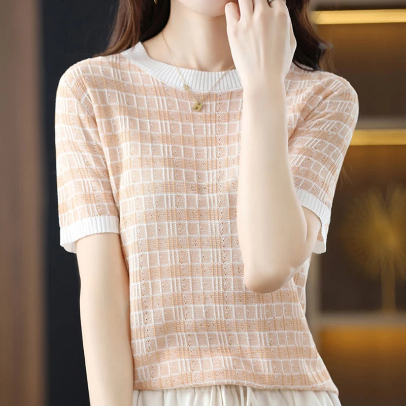 Knitted Striped T Shirt Women Short Sleeve T-Shirt Camisetas Mujer Summer Plaid Tops Tee Shirt Femme Korean Style Woman Clothes