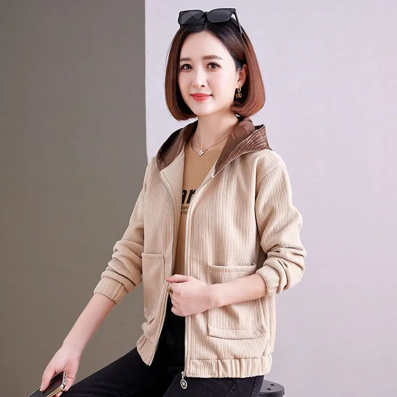 Mature Women Color Block Hooded Jacket Spring Autumn Corduroy Zip Up Loose Casual Short Outerwear