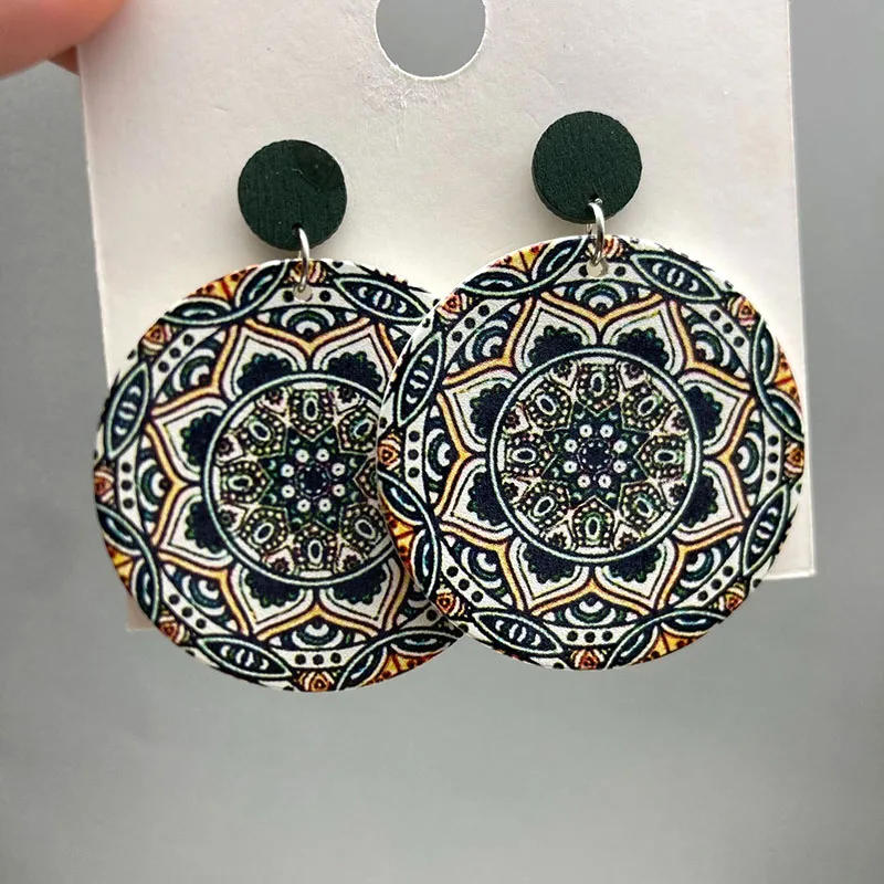 Ethnic Vintage Round Printed Wooden Earrings for Women Simple Muticolor Flower Pattern Drop Earring Daily Party Jewelry
