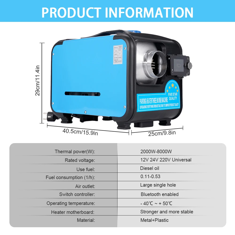 12V 24V 220V Car Diesel Heater 2KW-8KW Portable Bluetooth Control Single Hole 3 In 1 Aluminum Shell Air Parking Heater