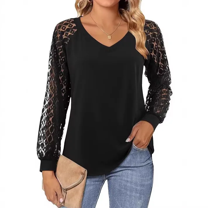 Lace Stitching V-neck Hollow T-shirt Women's Cleanfit Style A-line Sleeve Linen Fabric Other Material T-shirt Ladies' Premium...