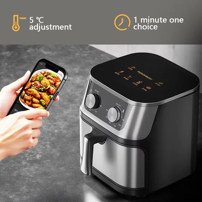 7L Family Size Stainless Steel Air Fryer Dual-knob Control with Presets for French Fries Chicken Fish Square Shape