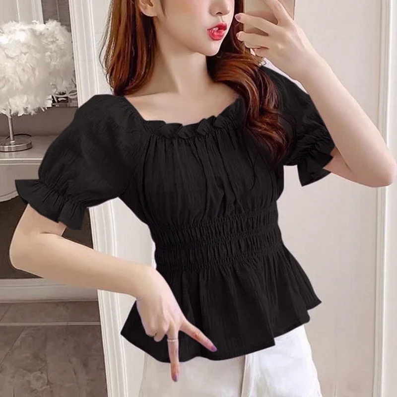 Vintage Summer Chiffon Blouses 2024 Fashion Off Shoulder Ruffles Casual Blusas Mujer Slim Purple Corset Puff Sleeve White Tops