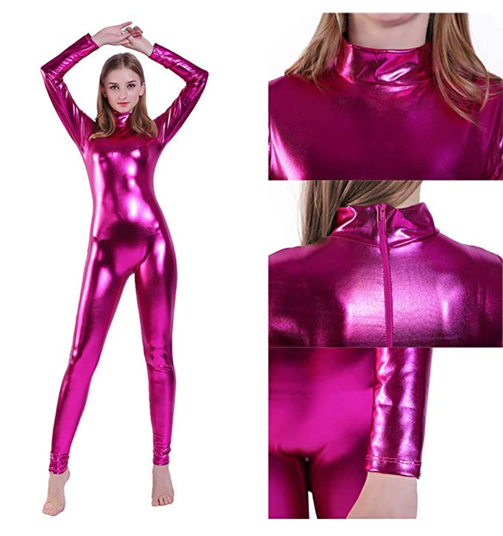 

Aoylisey Women Long Sleeve Metallic Unitards Adults Shiny Full Ballet Gymnastics Catsuits Dancewear Spandex Unitards Stage Show