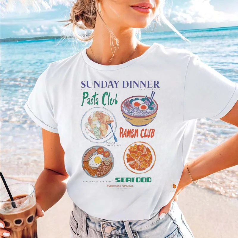 

Pasta Club Printed Pattern Basic Style T-Shirt Casual Harajuku Short Sleeve Cartoon Top Cute Travel Street Clothing T-Shirt