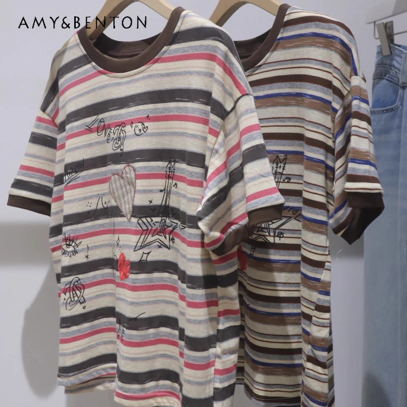 

Soft Comfortable Striped Love Embroidery Printed Top T-shirt 2025 Summer Loose And Thin Short Cotton Short-sleeved Tshirts Women