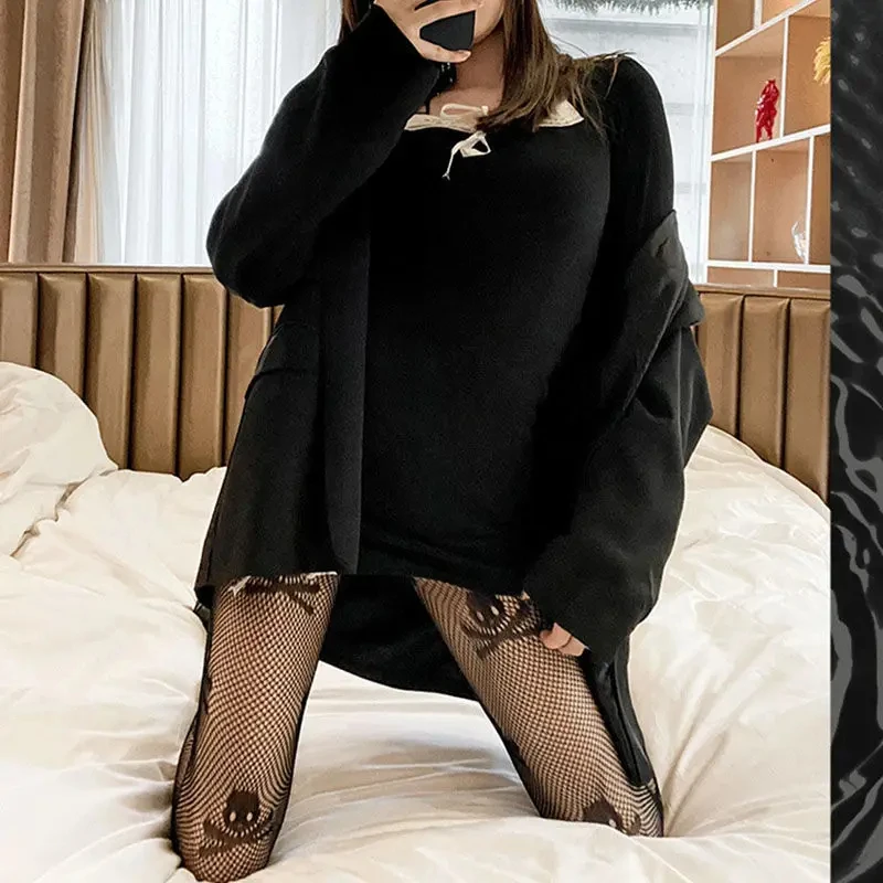 ถุงน่องลายหัวกะโหลกเรโทรสำหรับผู้หญิง1ชิ้นกางเกงในผ้าไหมสีดำตกข่ายสำหรับตกปลาเซ็กซี่เซ็กซี่