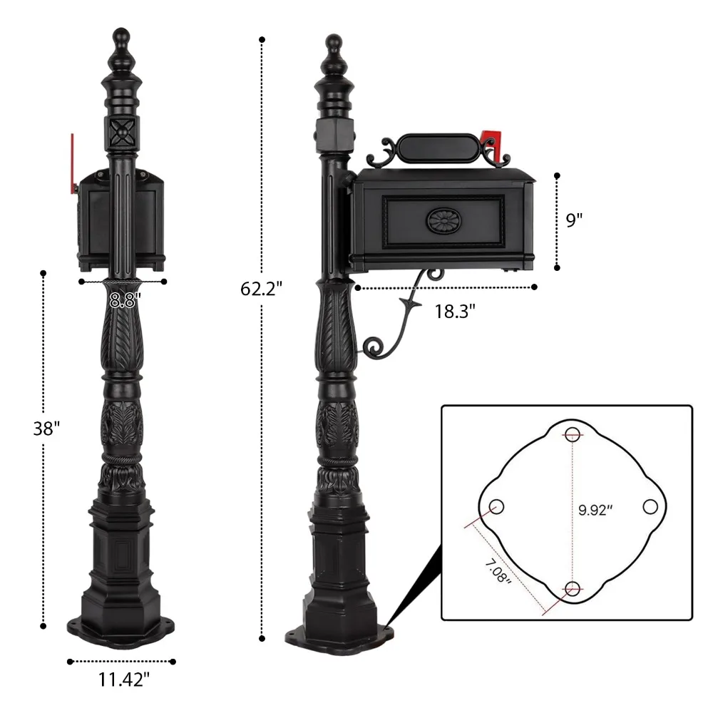 Heavy Duty Mailbox Classic Decorative Cast Aluminum Mail Box Postal Vertical Pedestal (Black)