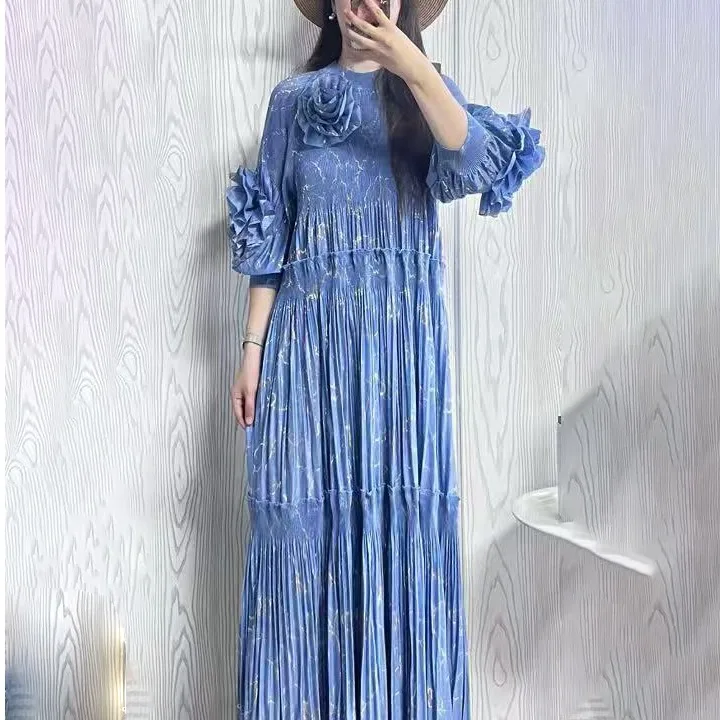 Gonna Lunga Floreale da Donna per Autunno e Inverno, Vestibilità Ampia e Snellente, Stile Mamma, Blu, Vita Alta, in Fibra di Poliestere