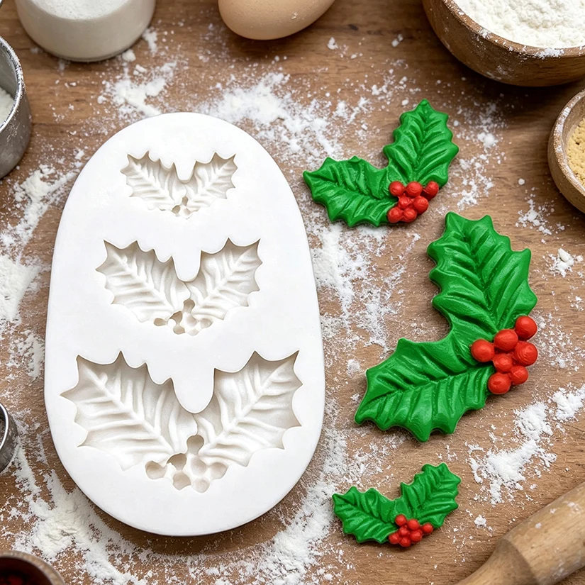 Holly Berry Weihnachten Silikon Sugar craft Form Harz Werkzeuge Cupcake Backform Fondant Kuchen Dekorations werkzeuge – Detail 3