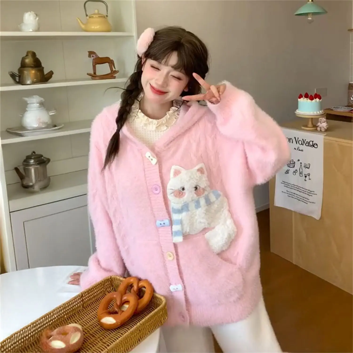 

Жаккардовый кардиган с капюшоном Sweet Lolita, осень-зима 202, уютный вязаный свитер, эстетичная верхняя одежда большого размера Cottagecore